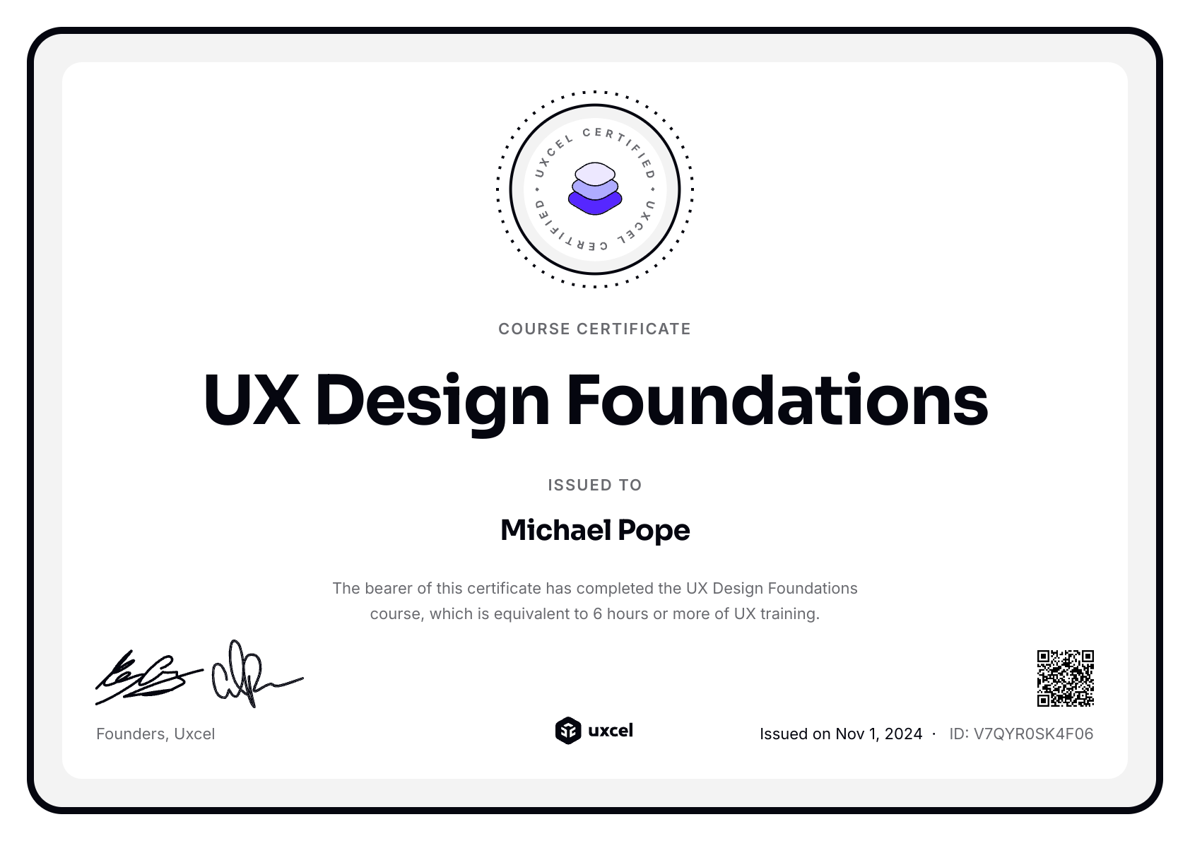 Michael Pope's certificate